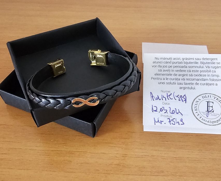 Vând brățară bărbătească din piele impletită cu bijuterie din aur 14K