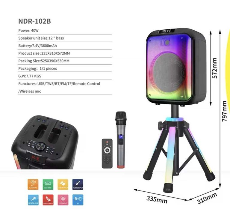 Bluetooth караоке колонка NDR 102B с LED светлини