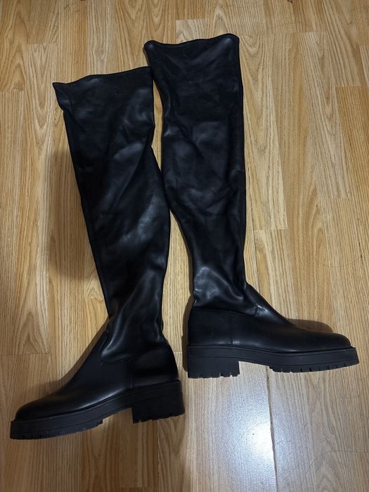 Черни Чизми Ботуши над коляното равни с платформа ток
