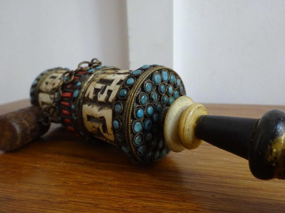 Roata Tibetana cu Mantra, Coral si Turcoaz - Piesa Veche Budista