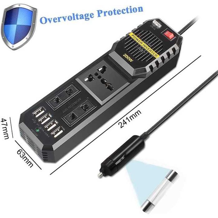 Invertor pentru auto și camping, 200W 12V-230V, cu 4 porturi USB, nou