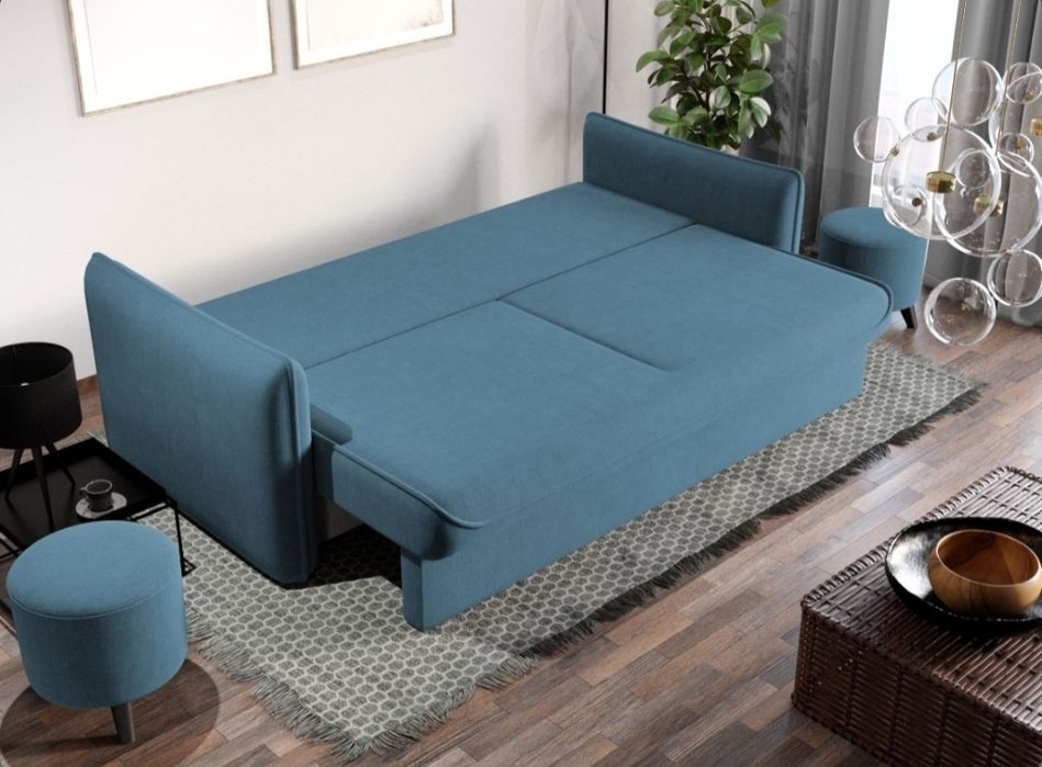 Canapea extensibilă albastra, material boucle