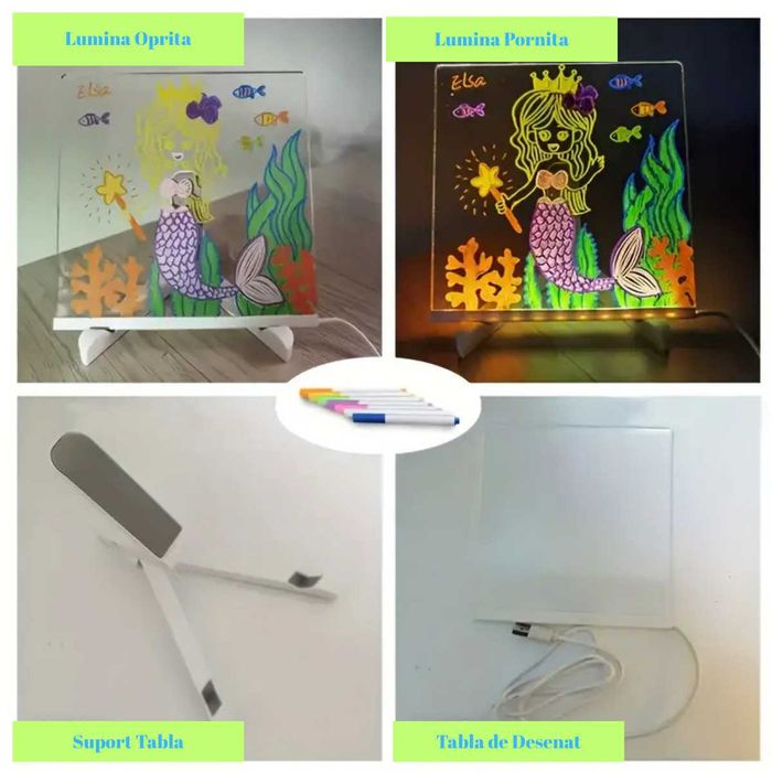 Tabla de desen Acrilica cu LED,set de 12 Carioci,ideala pentru copiii