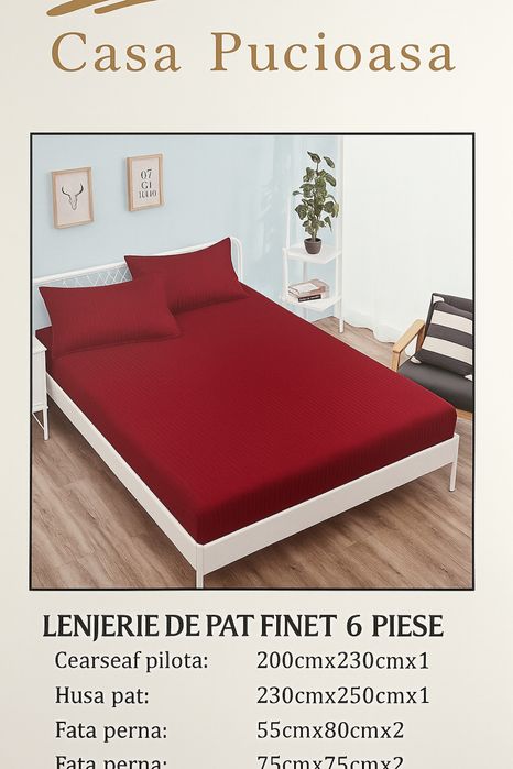 Lenjerie de pat ,Bumbac Damasc 6 piese ,Casa Pucioasa ,cearsaf elastic