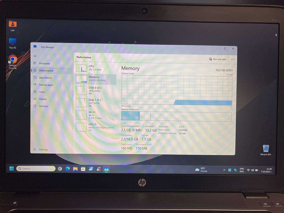 Бизнес лаптоп HP, Intel Core i5, 16 GB RAM, SSD NVMe, Win11