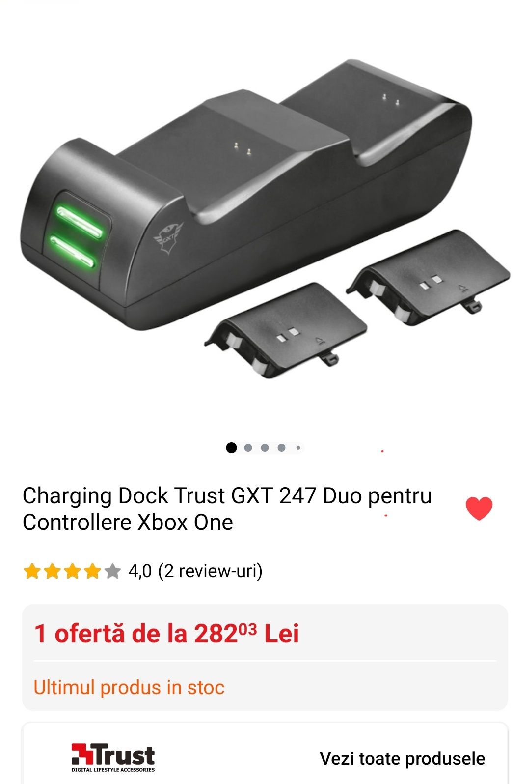 Trust GXT 247, Incarcator controler Xbox One,  duo charging dock