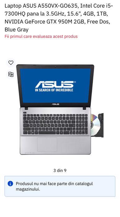 Laptop ASUS A550V in perfecta stare i5 7300HQ  NVIDIA GTX950M