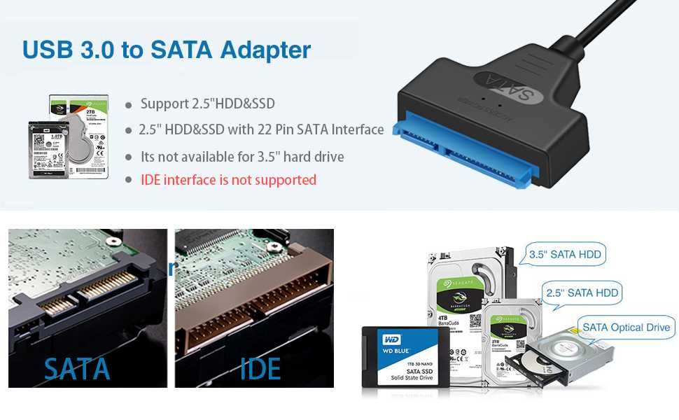 НОВ Кабел USB 2.0 USB 3.0 към SATA 2.5" 3.5" за връзка HDD SSD Диск