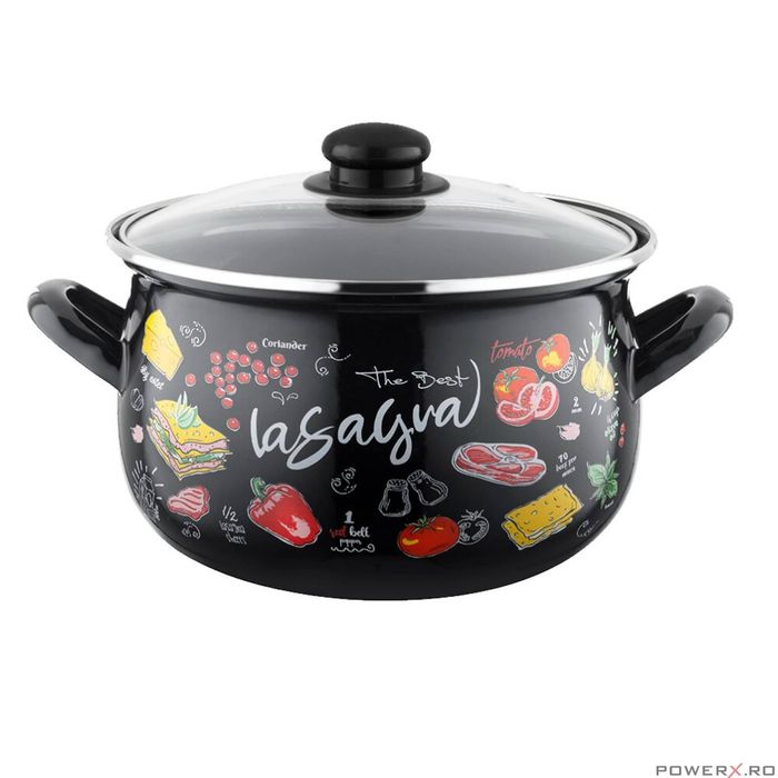 Oala cu capac din sticla, inox, emailata, neagra,22cm-5.3l, FLorina
