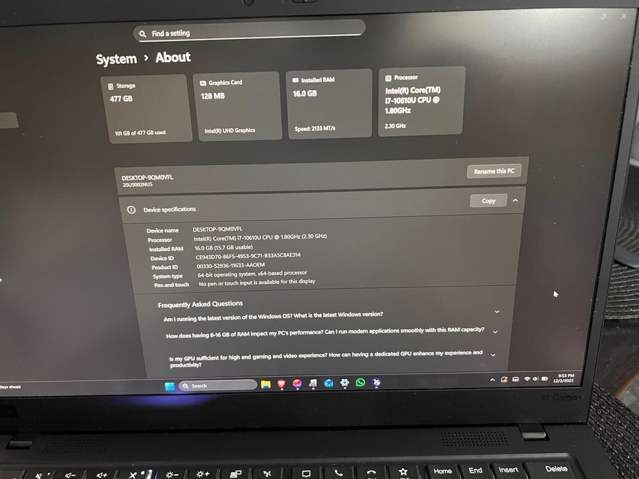 Lenovo x1 carbon i7 10610u 16gb ram 512ssd