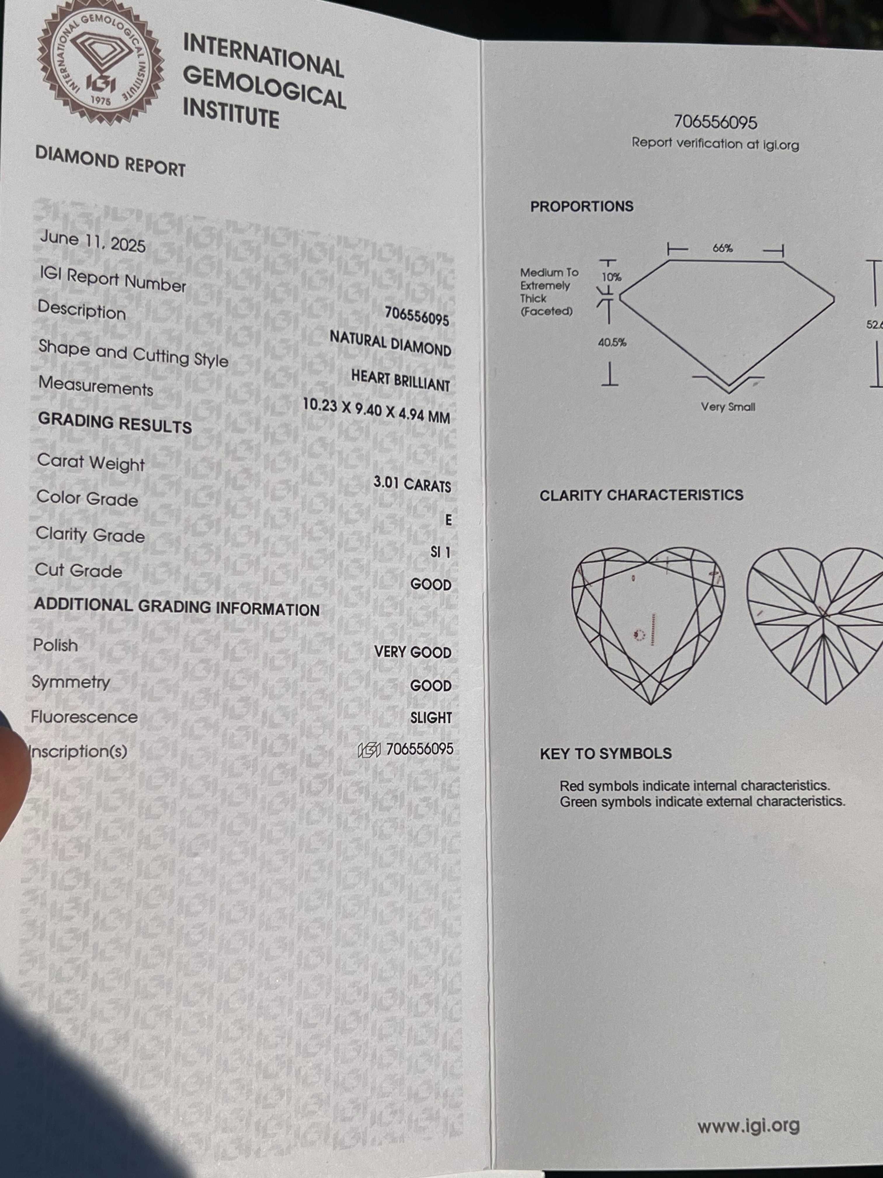 Диамант с форма Сърце 3 Ct E SI1 със Сертификат