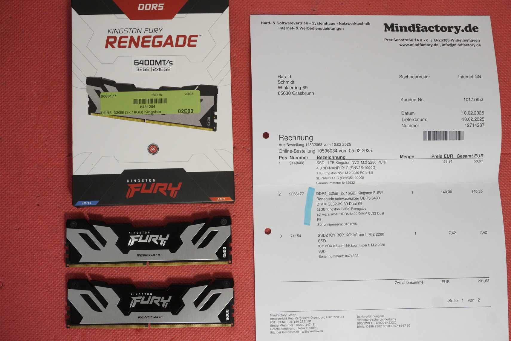 [32GB] RAM, Памет DDR5 2x16GB 6400MT's CL 32 Kingston Fury Renegade