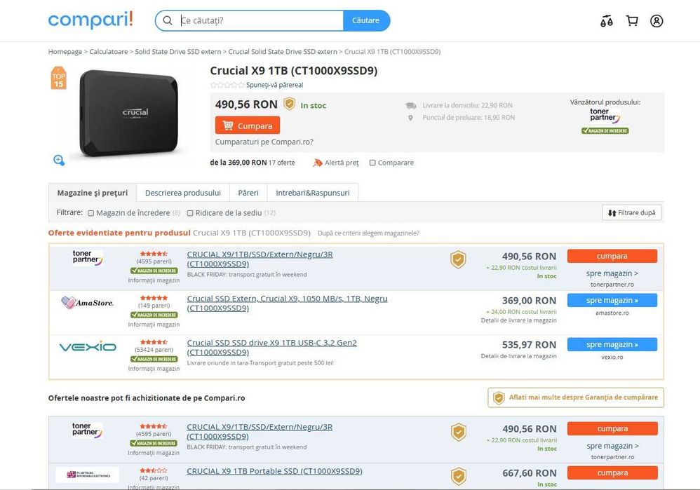 ssd extern ,SSD Crucial X9 Portable 1TB USB-C 3.2 , noi, sigilate