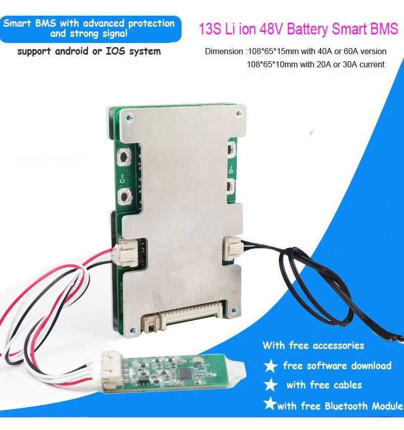 Smart BMS Плата защиты 48V 13S 30A с функцией балансировки