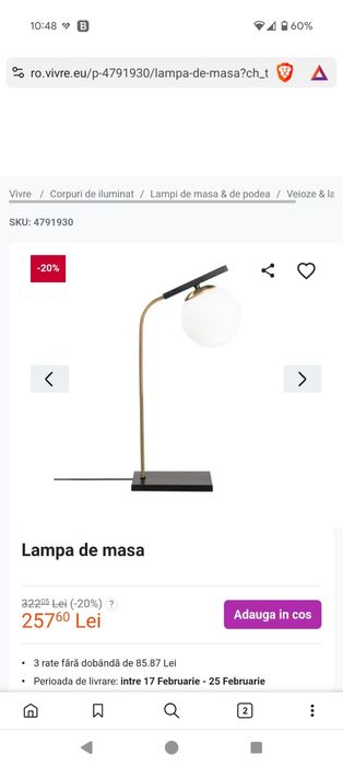 Vând veioza, design brat negru/auriu cu glob alb mat