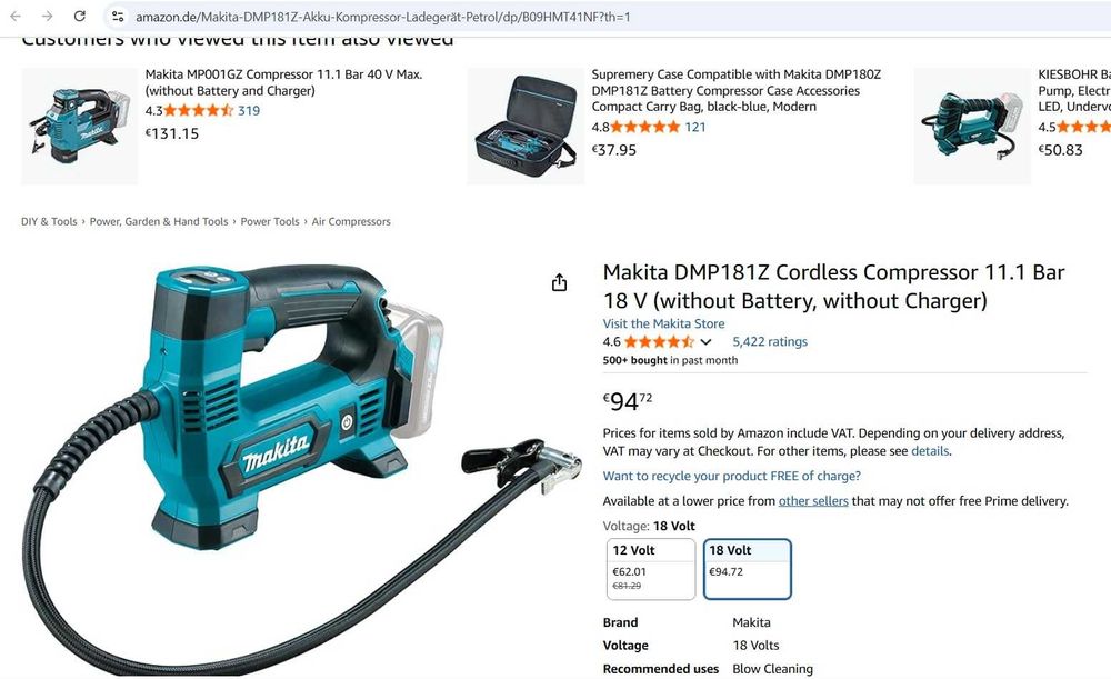 Compresor Makita DMP181Z 11,1 bar 18 V (fără baterie, fără încărcător)