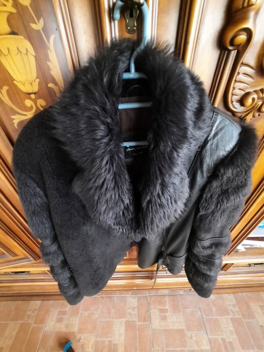 Geaca piele naturala și blană, maro 38-40