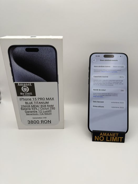 iPhone 15 Pro Max Titanium Blue 256GB Ca Nou,Garantie 1An Folie Cadou