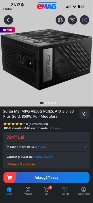 Sursa MSI MPG A850G PCIE5, ATX 3.0, 80 Plus Gold, 850W, SIGILATA