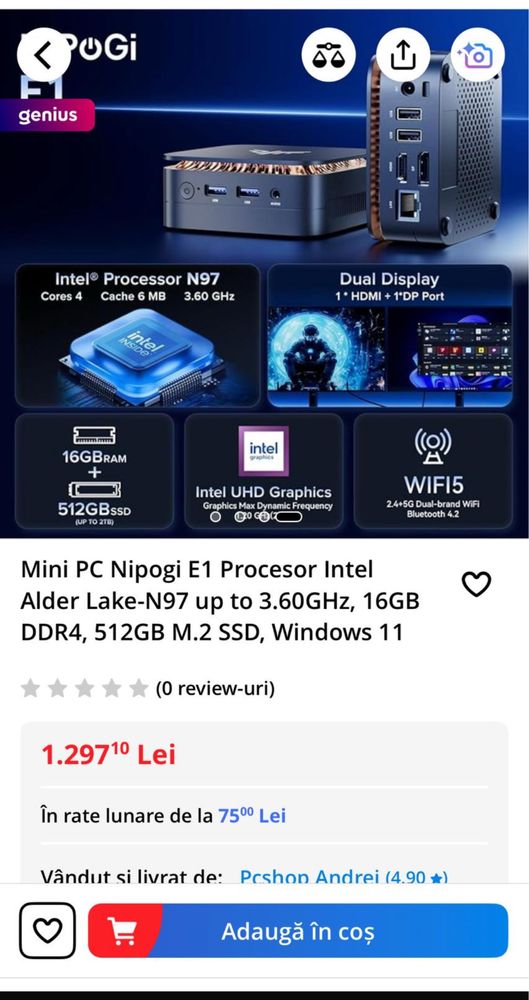 Mini PC Nipogi E1 Procesor Intel Alder Lake-N97  512GB 16 GB DDR4 Nou