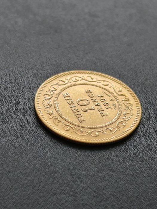 10 франка 1891 год, Тунис,Али бей, злато 3.23 гр,900/1000 (21.6 карата