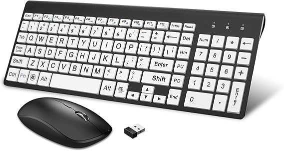 HXMJ Безжичен комплект клавиатура и мишка с голям шрифт и USB приемник