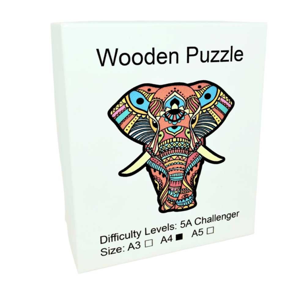 Дървен пъзел животни Цветен Слон / 12 модела А4 размер