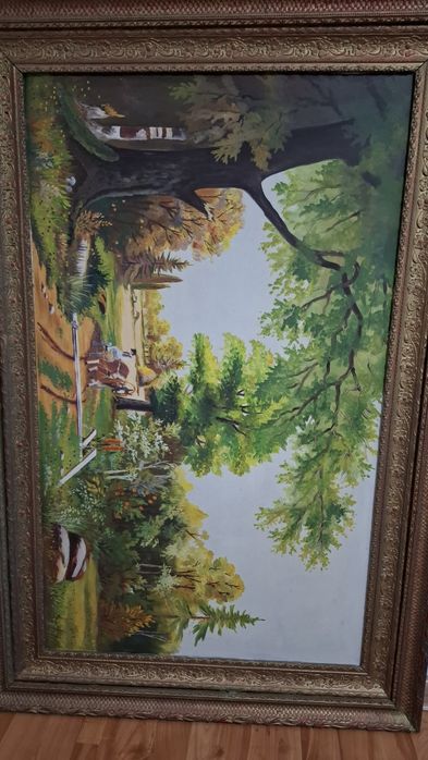 Tablou mare pictat manual – peisaj rustic, ramă vintage masivă