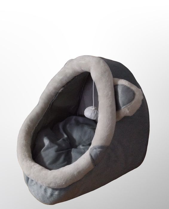 Patut pisici cu minge suspendata, 38x39x35, Gri/Alb, perna moale