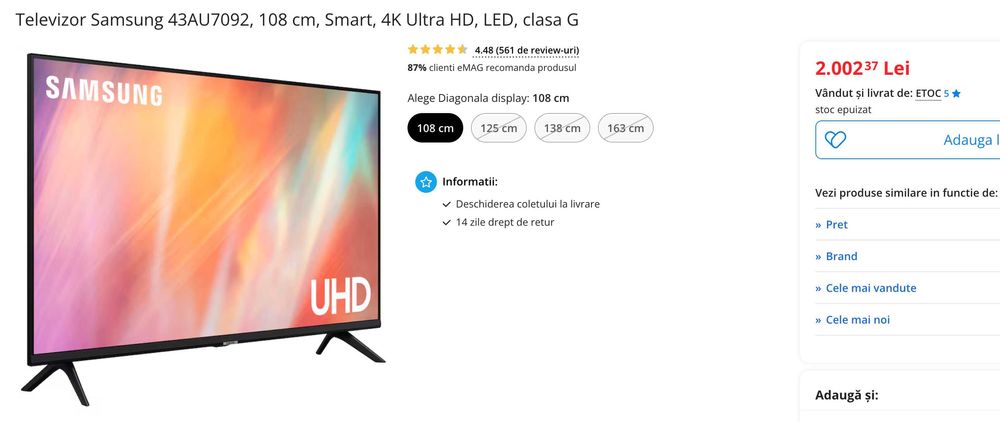 Televizor Samsung 43AU7092, 108 cm, Smart, 4K Ultra HD, LED, clasa G