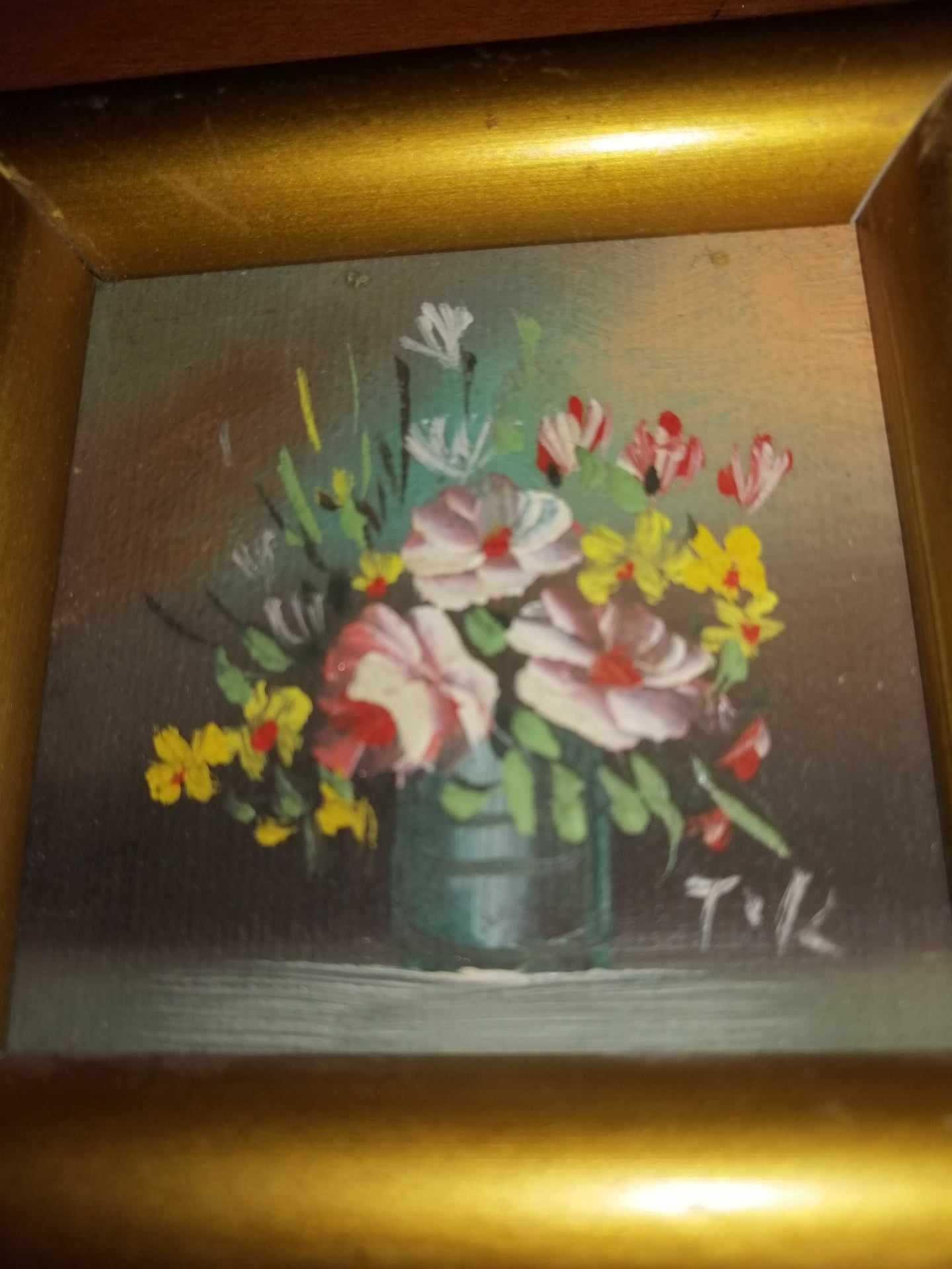 Tablouri miniatura pictura ulei pe placaj vaza buchet de flori semnat