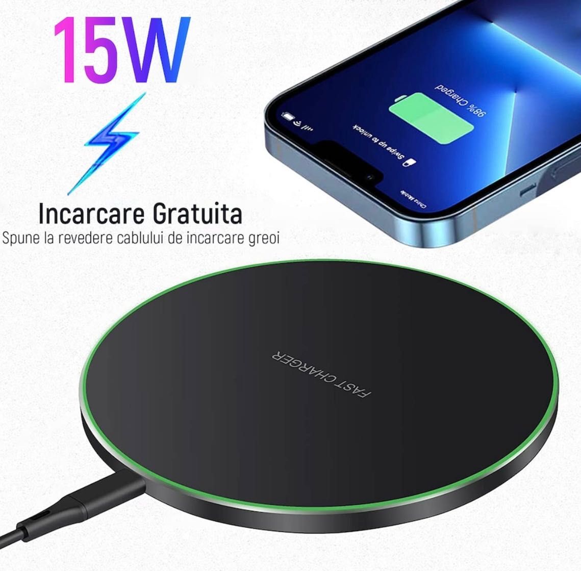 Incarcator wireless fast charge 15W Samsung Huawei iPhone si alte mode