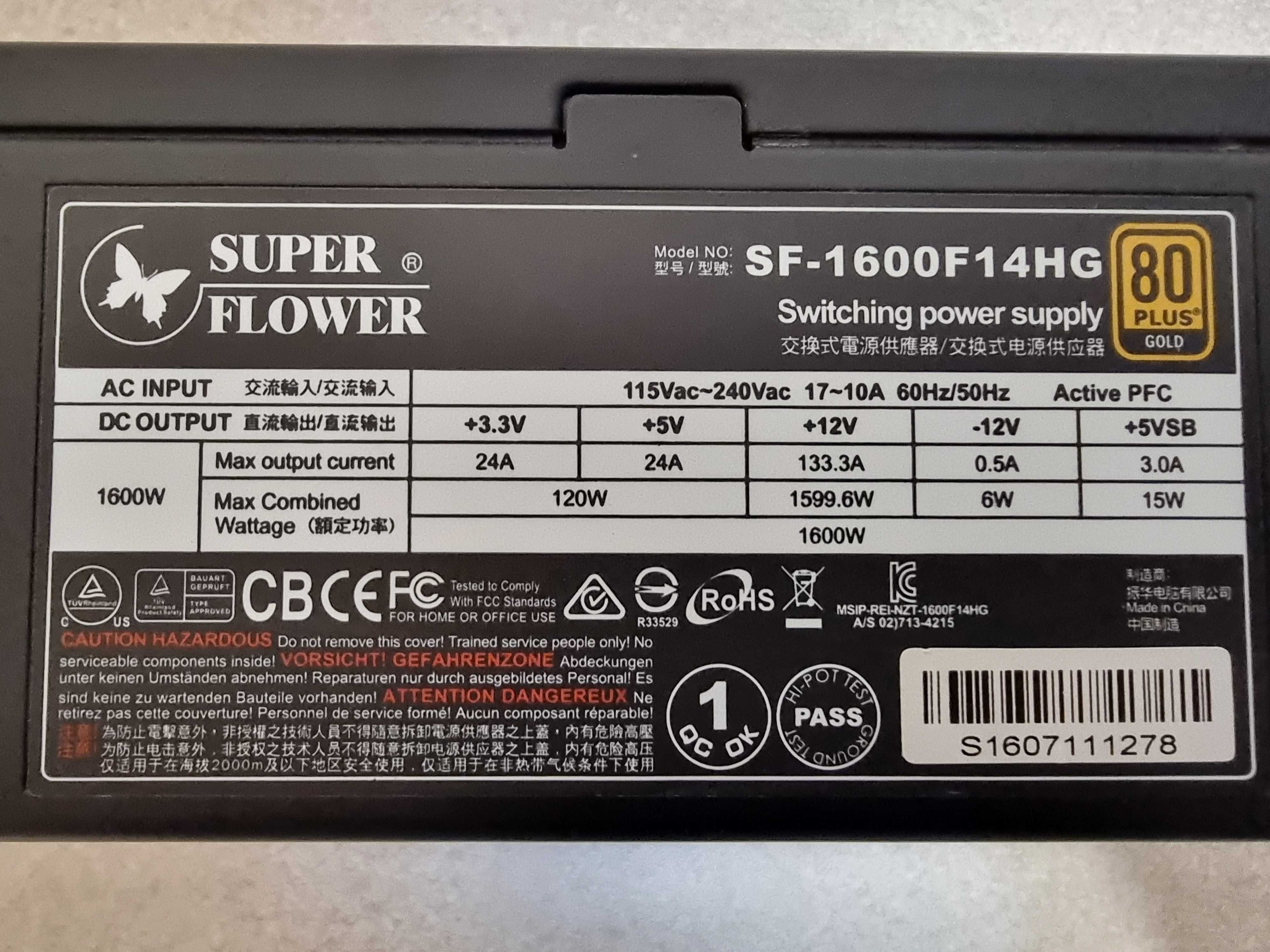 Золотой блок питания Super Flower SF-1600F14HG мощностью 1600Вт