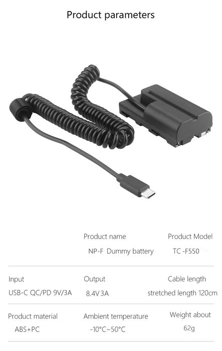 Alimentator USB-C NP-F550 pt Sony F550 F750 F960 F970 lampa, monitor