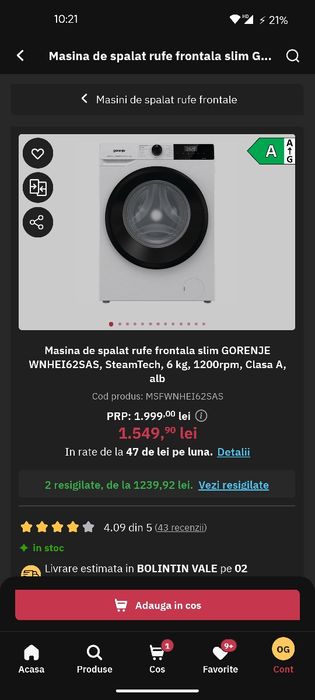 Masina de spalat rufe frontala slim GORENJE

WNHEI62SAS, SteamTech, 6