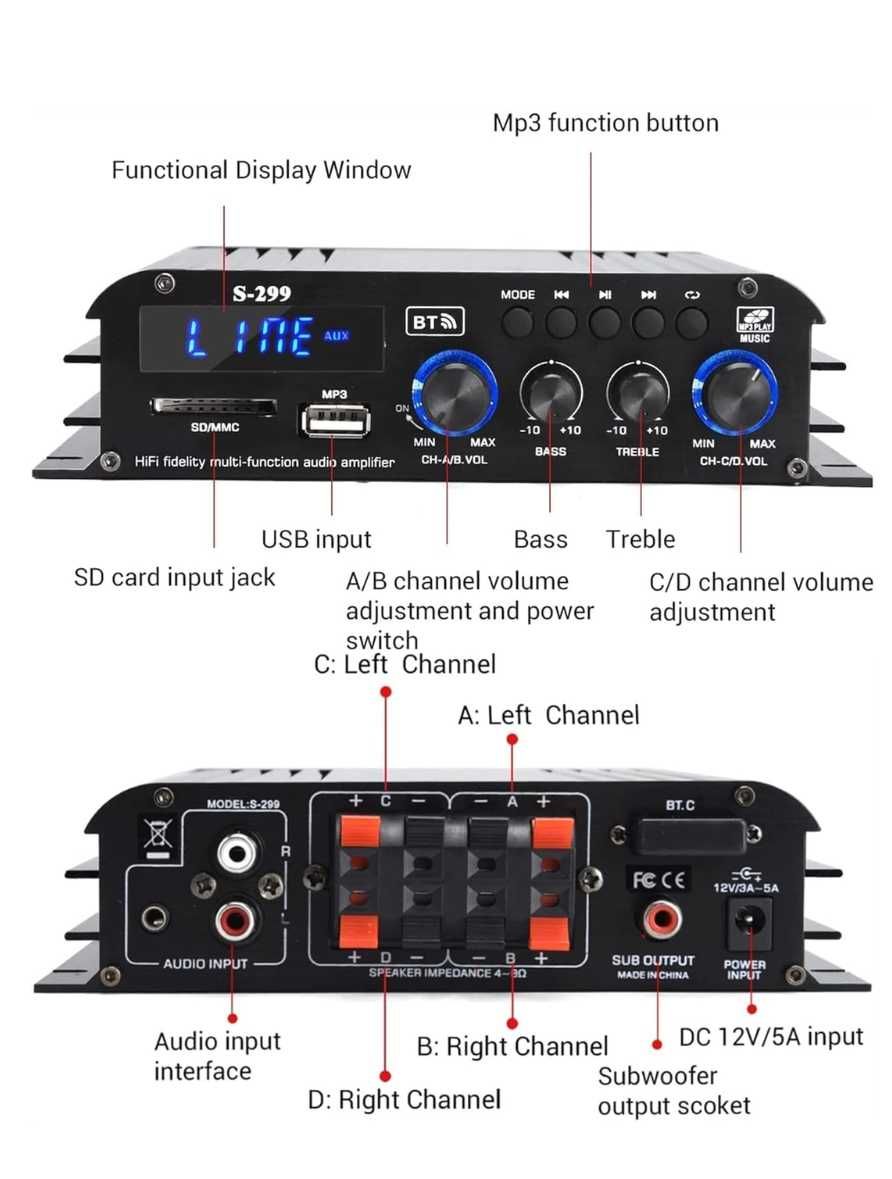 Amplificator cu 4.1 canale, Bluetooth 5.0 pentru boxe de acasă 40W x 4