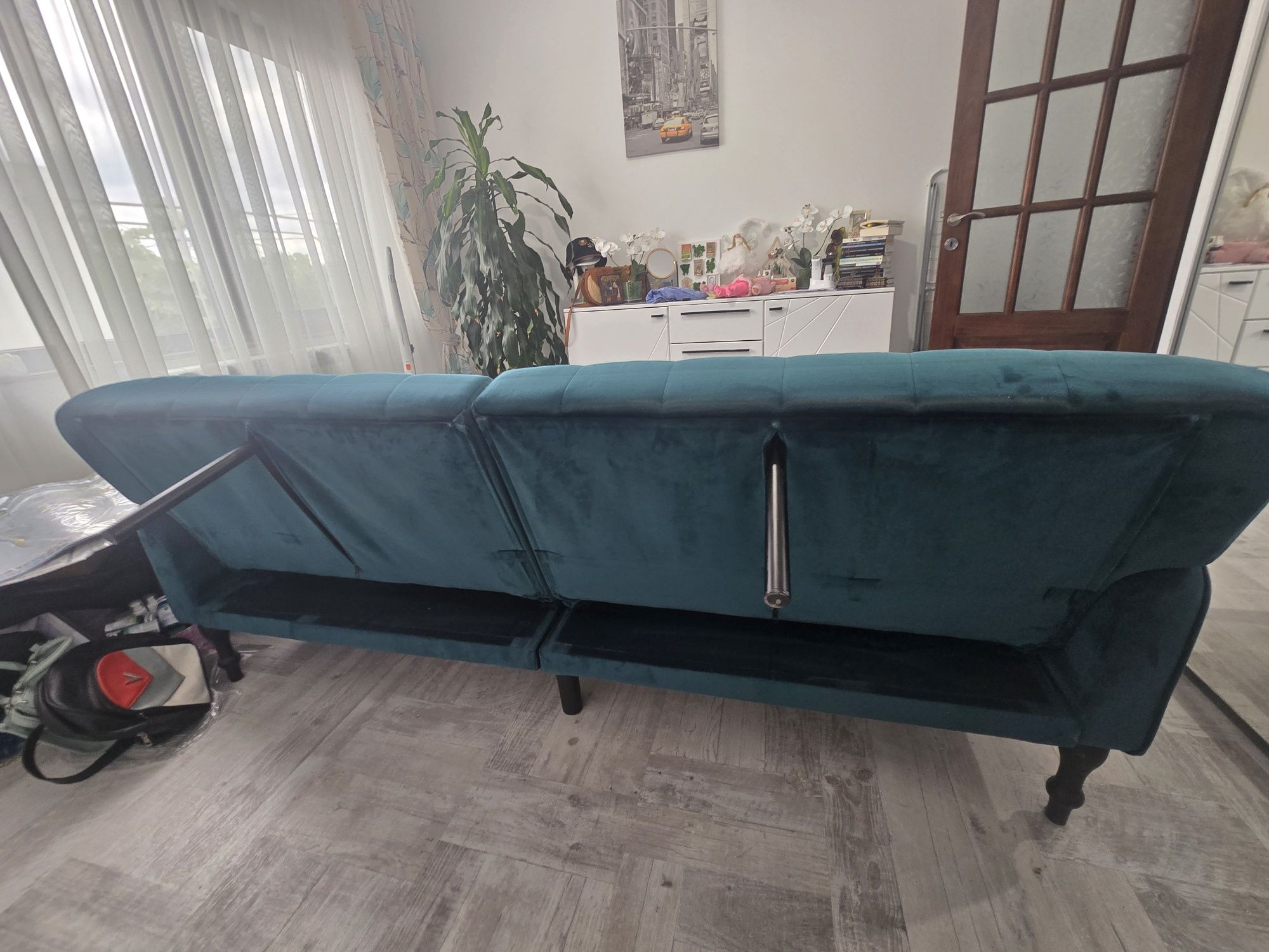 Vand canapea extensibila 3 locuri - catifea verde turcoaz- 200/ 120 cm
