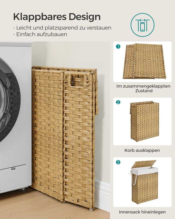 Coş pentru rufe Songmics, 55 L, ratan, capac & manere