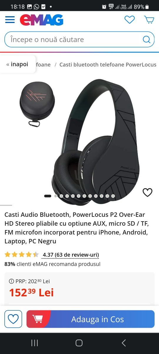 Casti Audio Bluetooth, PowerLocus P2 Over-Ear HD Stereo pliabile