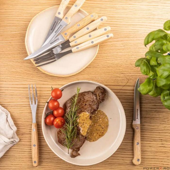 Set pentru friptura si gratar, 8 piese, otel inoxidabil, lemn,