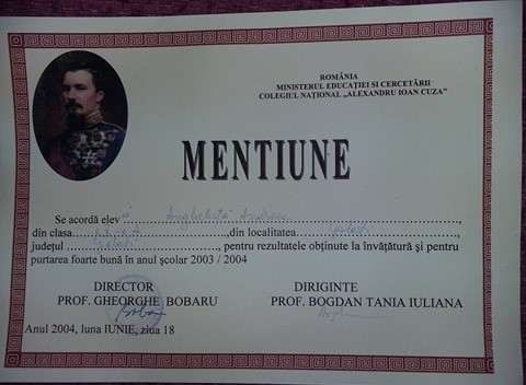 Diploma,MENTIUNE,Colegiul,,ALEXANDRU IOAN CUZA,,Min.ED.si Cercetarii