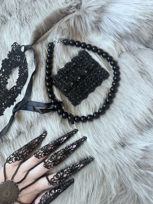 Черна перлена огърлица дантелена маска за лице готик гривна и пръстени
