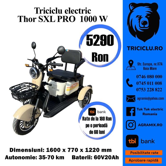 Triciclu electric THOR SXL PRO 1000 W 60V 20Ah FARA PERMIS PRODUS NOU