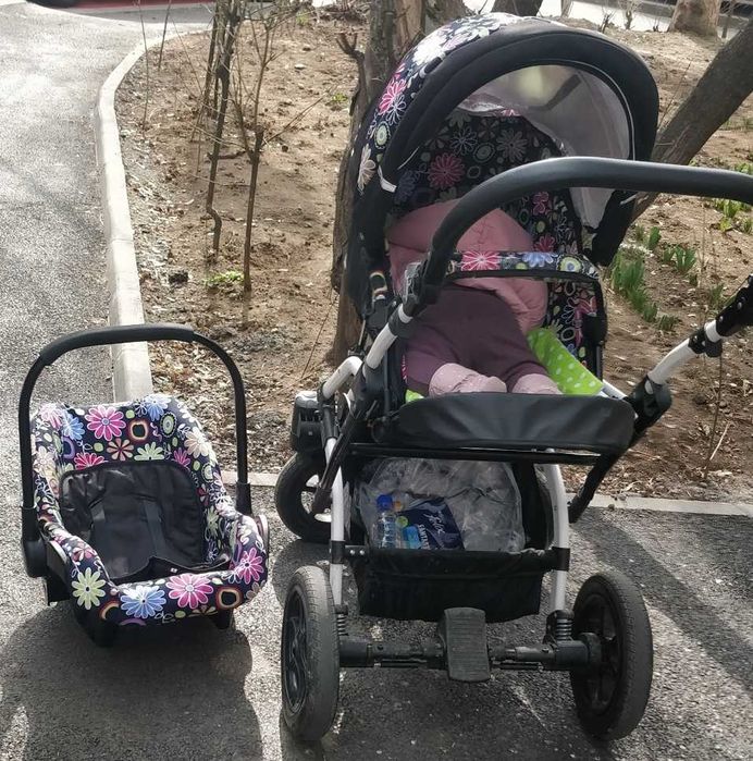 Cărucior 3 în 1 Hubners negru cu flori colorate (Dalia lux)