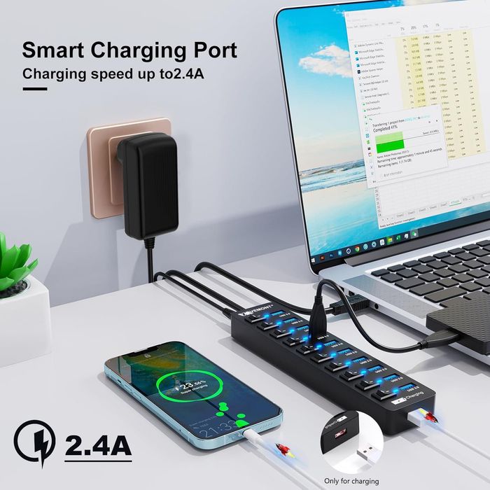 Hub USB VEMONT 10 port Multi USB,comutator indiv pornit/oprit,sigilat