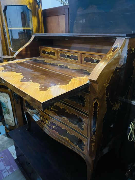 Comoda Secretaire Birou Lemn Masiv Intarsii Vintage Baroc