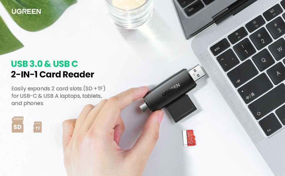 UGREEN USB 3.0 и USB-C Card Reader-четец на карти памет 2 в 1