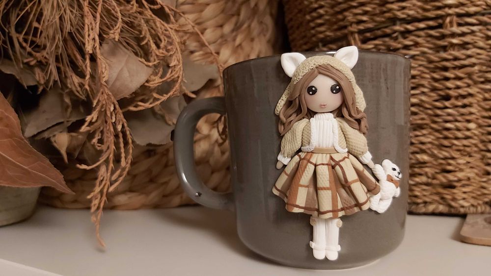 Cadou pentru fetite, sotie/iubita cana papusa fimo