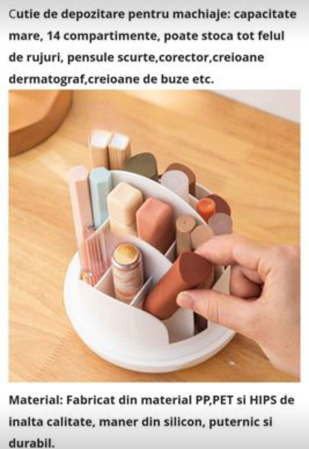 Organizator pentru produse cosmetice, rutund, rotativ 360, alb cu capa