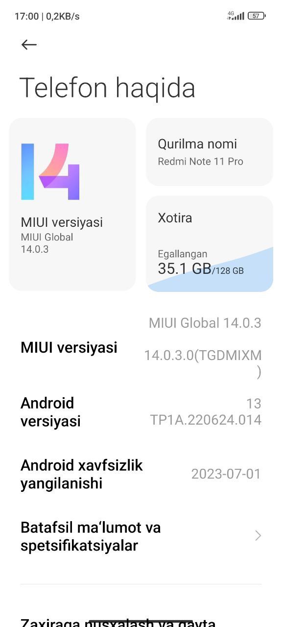 Redmi not 11 pro 
6+5/128 tali 
Aybi yuq toza
Kar dak yuq 
Obmen bo